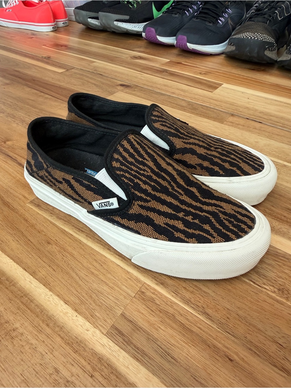 Vans Slip-On Loafers in Black and Brown Tiger Stripe